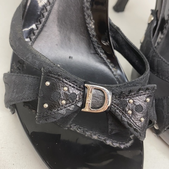 Dior Sz 37 Black Logo High Heel Sandals Bow Studs - Picture 7 of 16